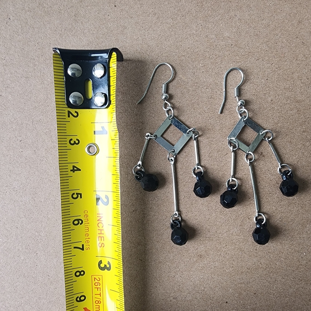 3/$25 - Dangly earrings with diamond shape & black beads - Picture 2 of 2